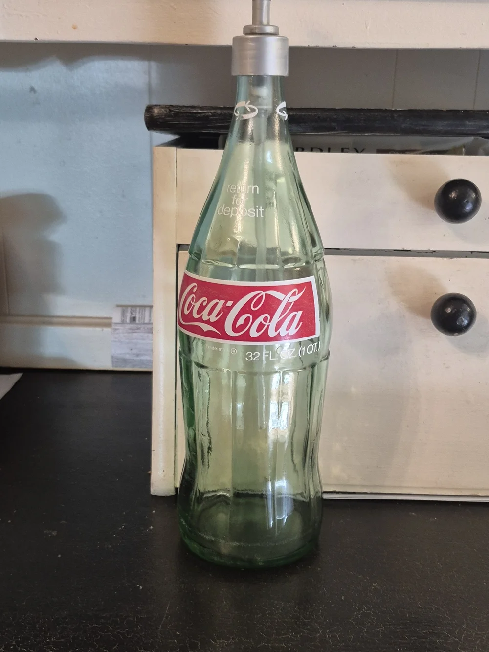 Coke Glass Bottle Soap Dispenser - Green Glass with Red Label
